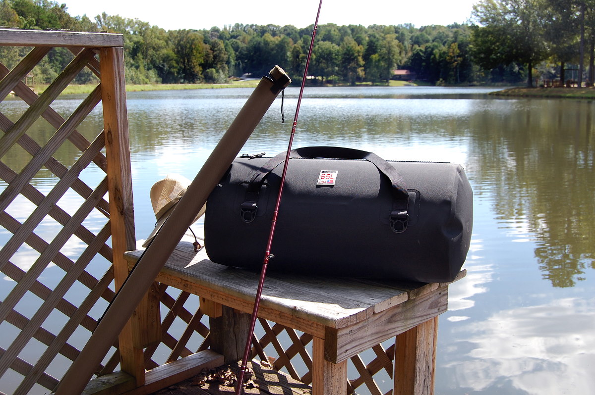 65L Waterproof USA Duffel on a dock