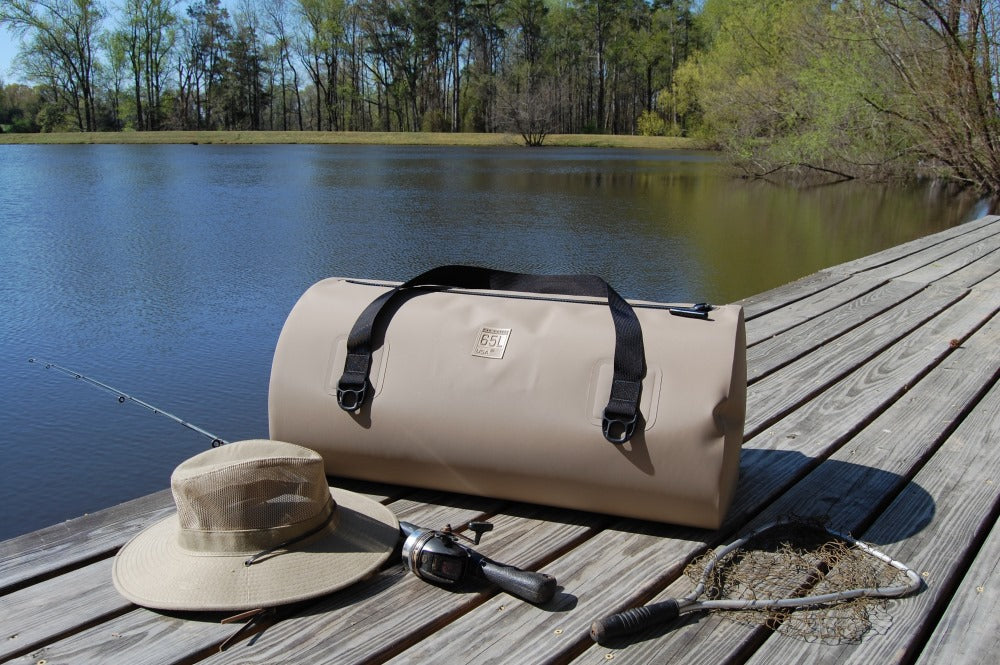 65L Waterproof USA Duffel on a dock