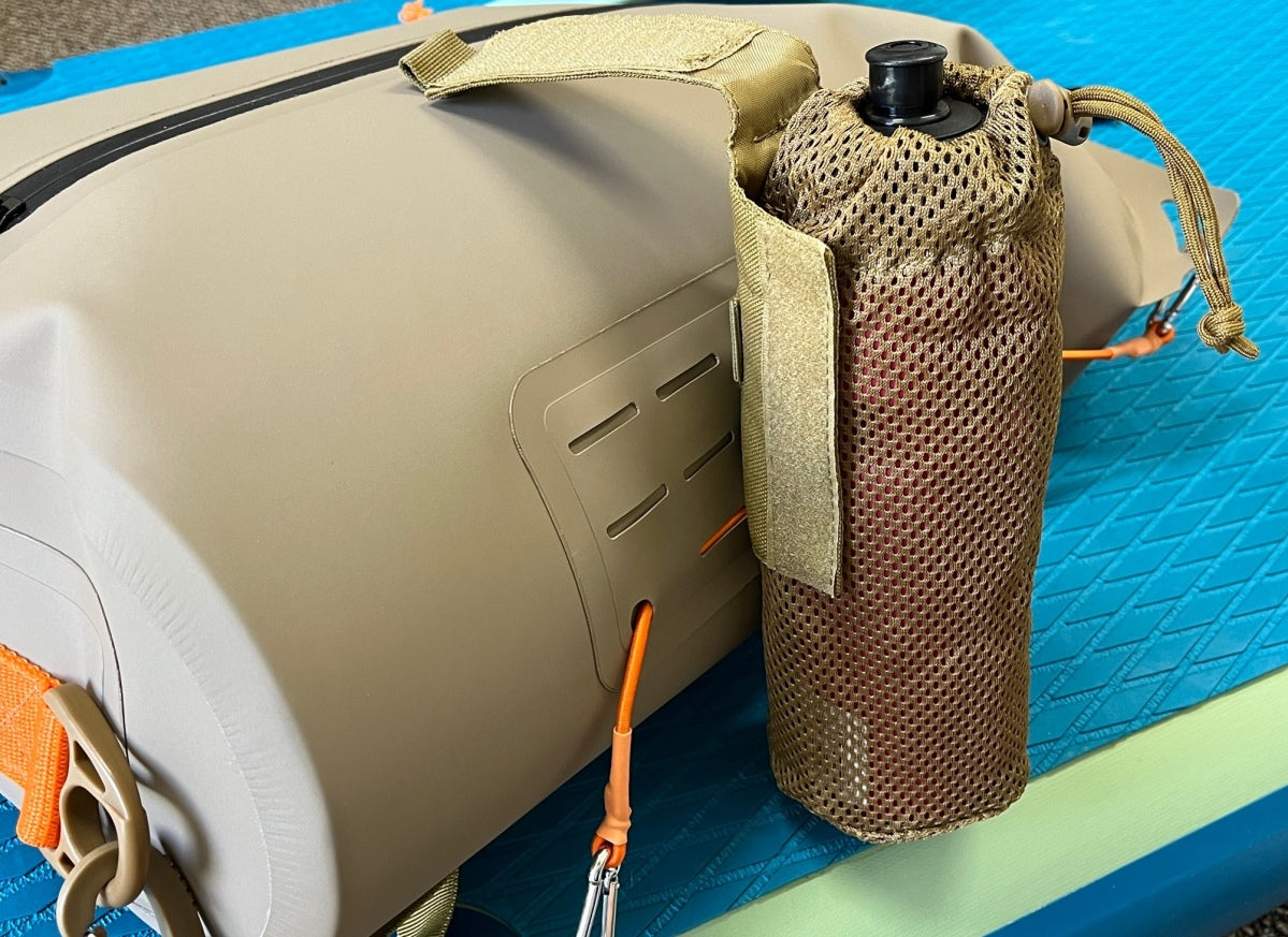 Water bottle accessory closeup on the fully submersible waterproof deck bag