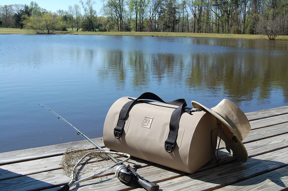 30L Waterproof USA Duffel on the dock