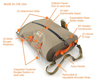 Fully submersible Hartwell Waterproof deck bag feature and accessory details